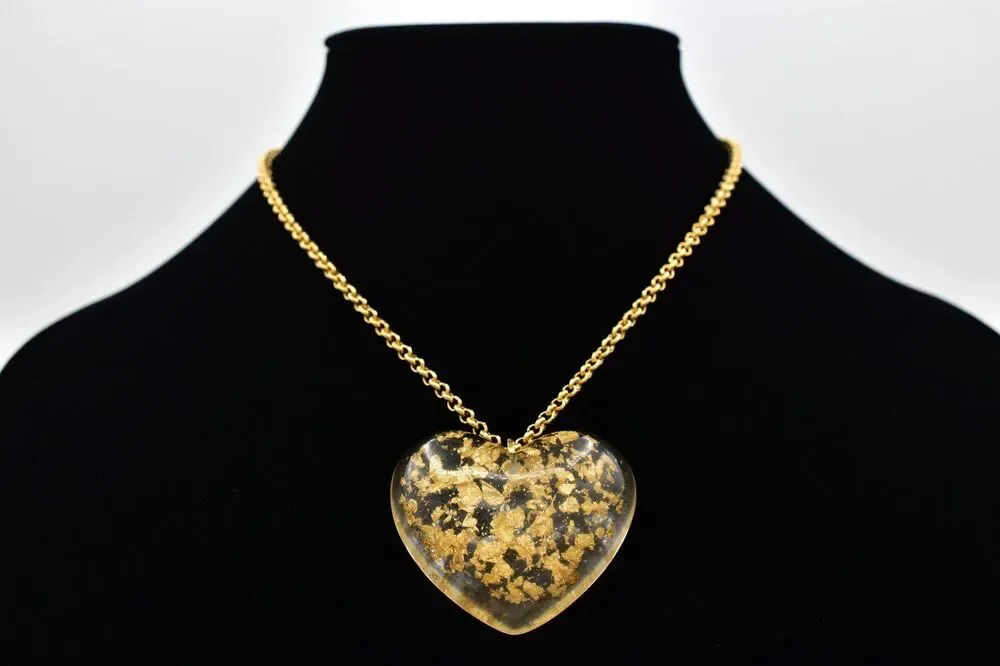 Vintage Heart Pendant Necklace Gold Foil Lucite Resin Designer Signed BinBJ